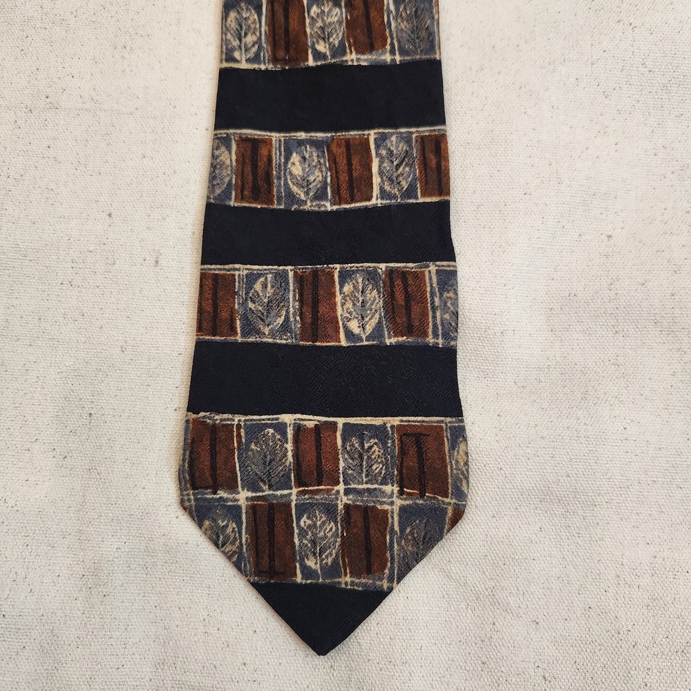 Fumagalli's for Neiman Marcus Silk Necktie Mens Brown Blue Geometric Leaf Print